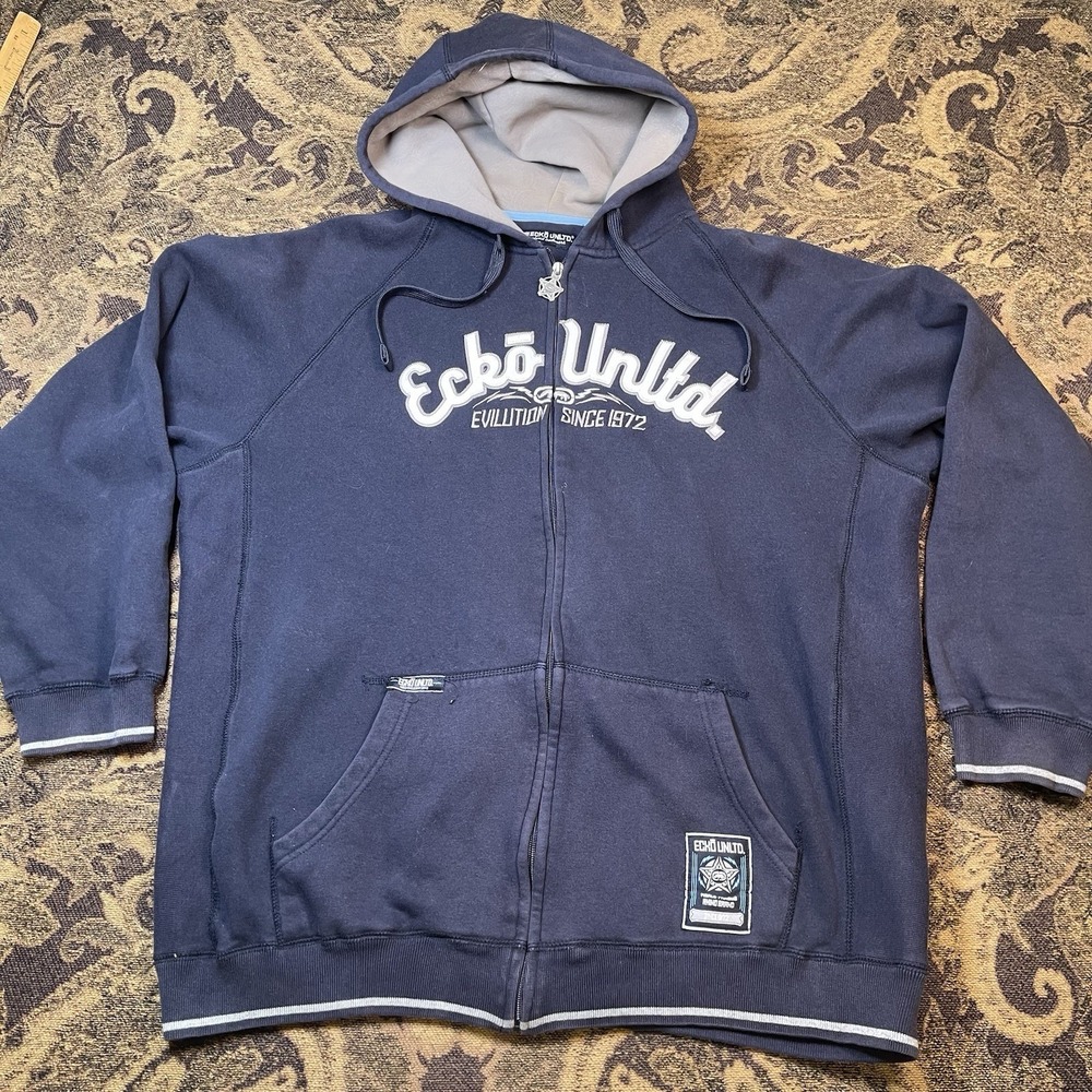Vtg Y2K Ecko Unlimited Navy Blue Zip Up Hoodie Mens Size XL